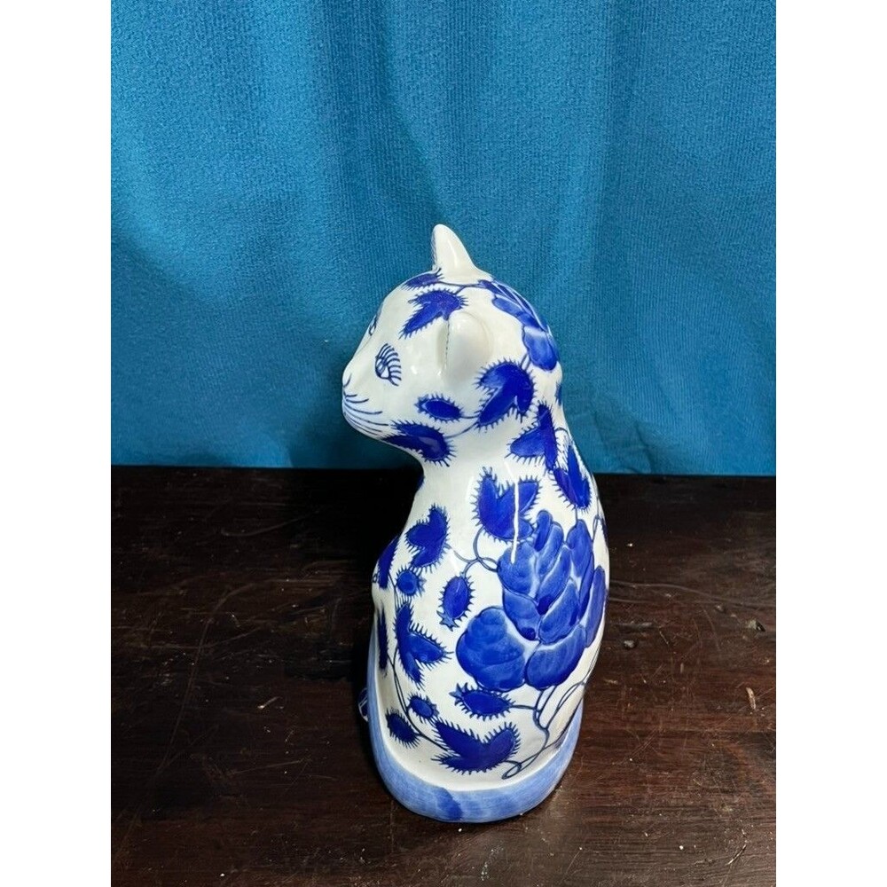 Vintage Blue&White Chinoiserie (Qing Dynasty Replica) Porcelain Cat Figurine - Picture 2 of 6